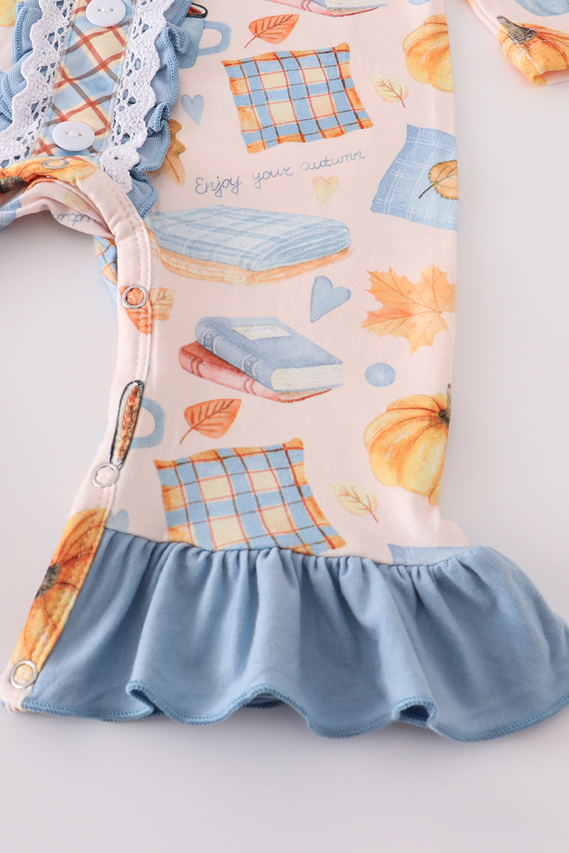 Blue plaid pumpkin print ruffle baby romper