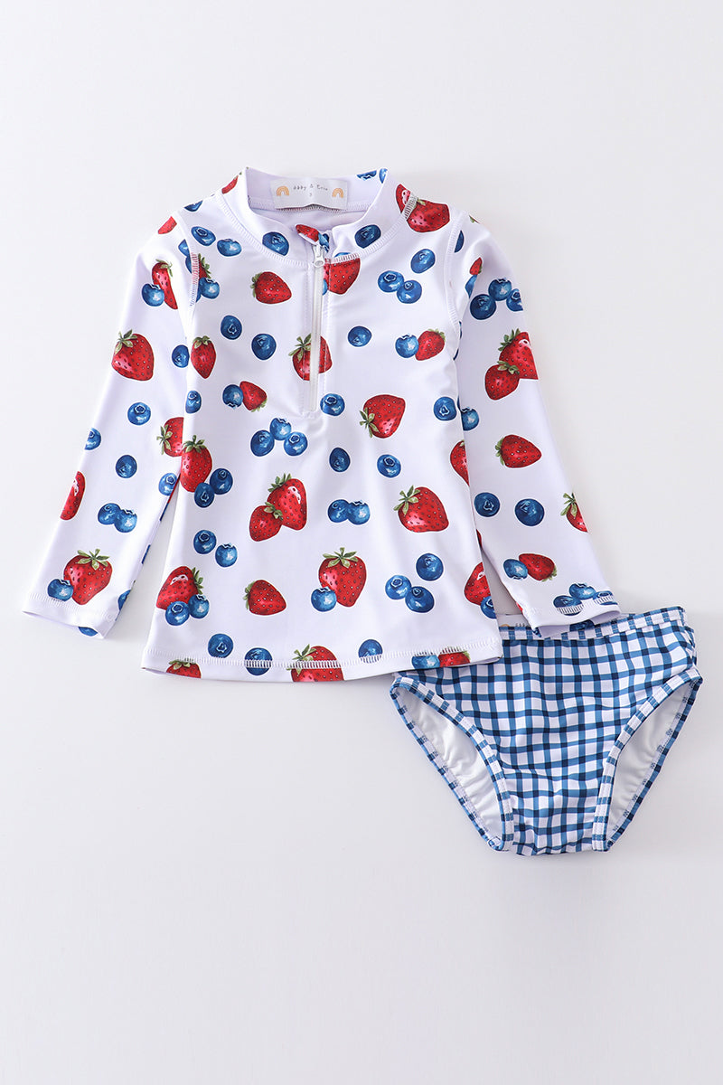 Strawberry print 2pc long sleeve rashguard swimsuit UPF50+