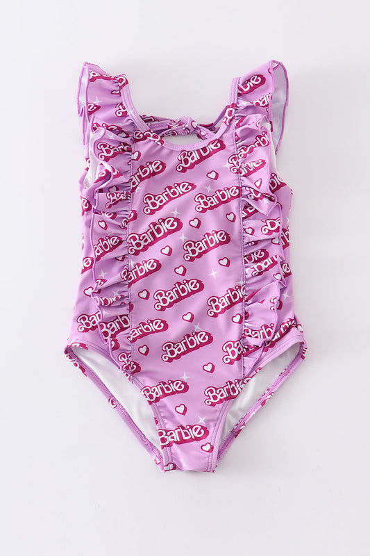 Pink barbie print ruffle girl swimsuit UPF50+