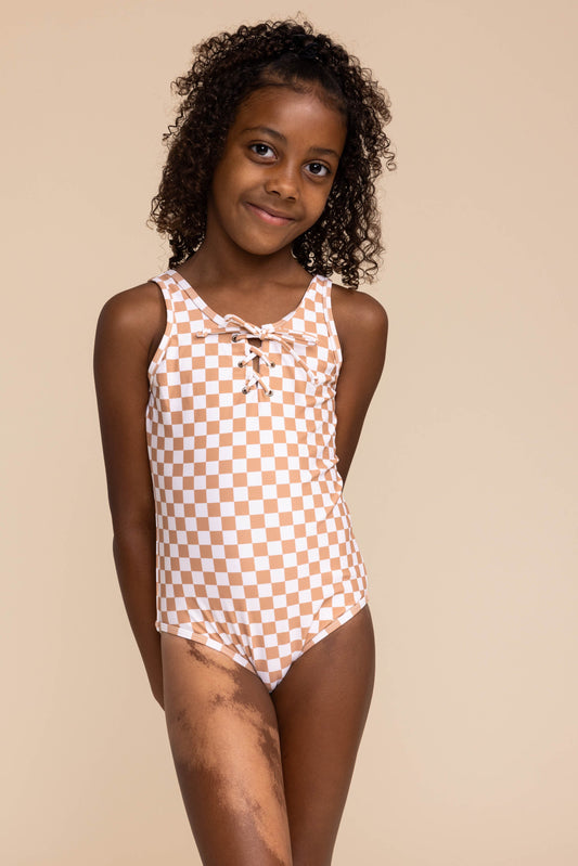 Tan plaid tie one piece girl swimsuit