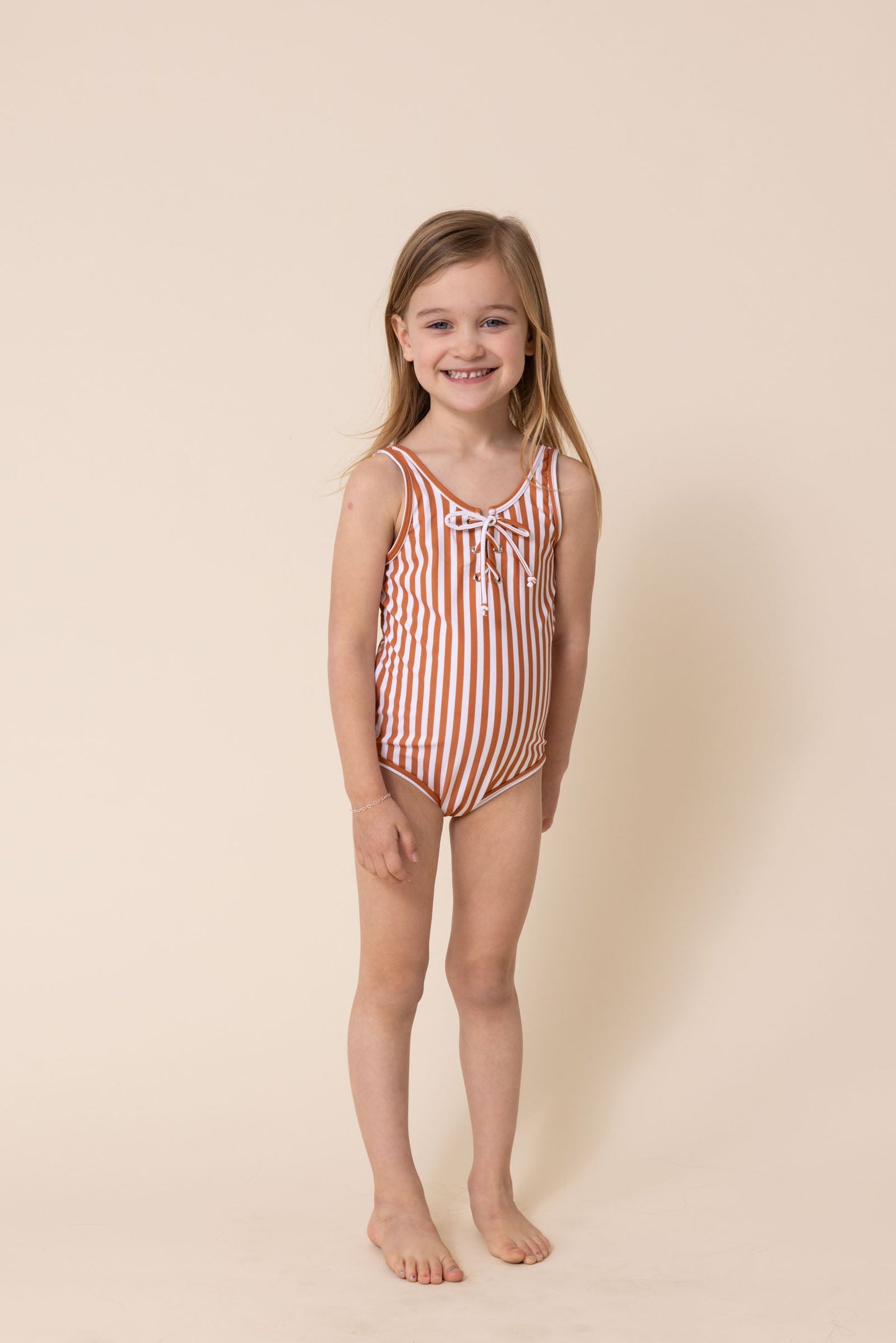 Terracotta stripe tie one piece girl swimsuit