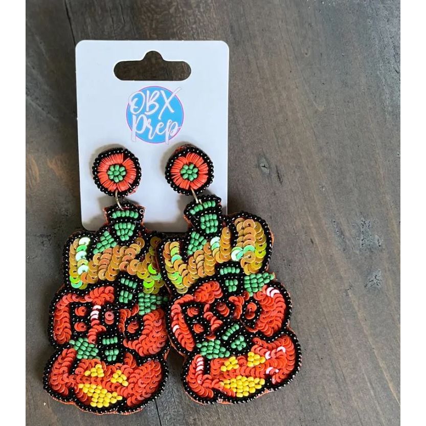 Boo Triple Pumpkins Seed Bead Dangle Earrings - OBX Prep