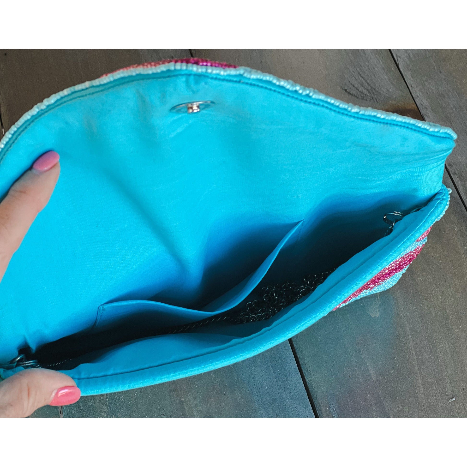 Flamingo Turquoise Seed Beaded Clutch Bag - OBX Prep