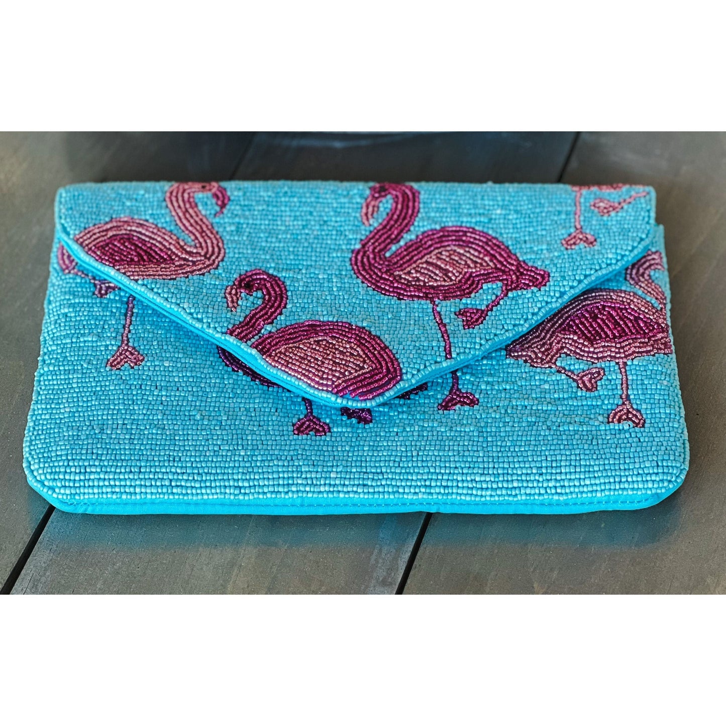 Flamingo Turquoise Seed Beaded Clutch Bag - OBX Prep