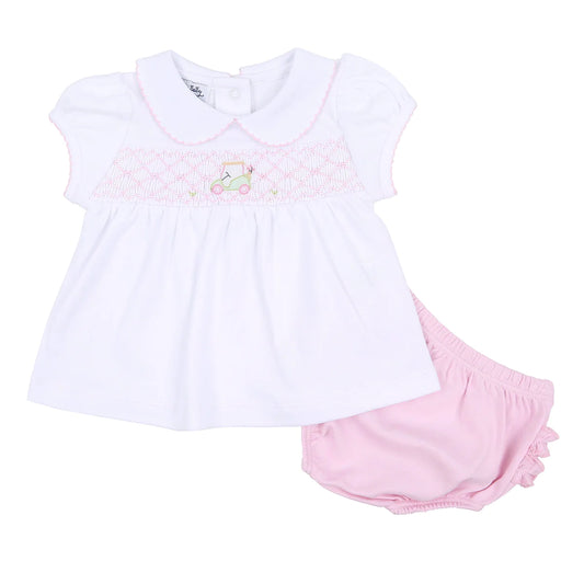 On the Green Hand Smocked Pink Pima Cotton Diaper Set