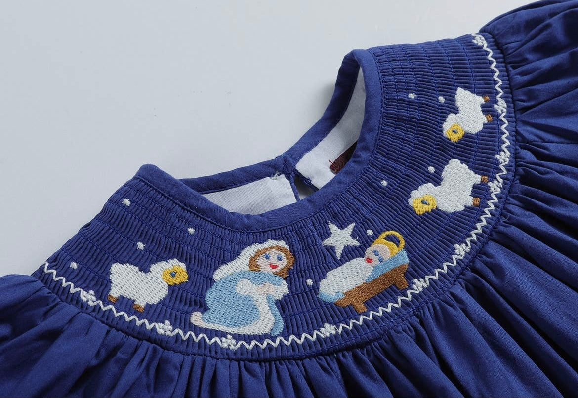 Royal Blue Nativity Smocked Bishop Dress