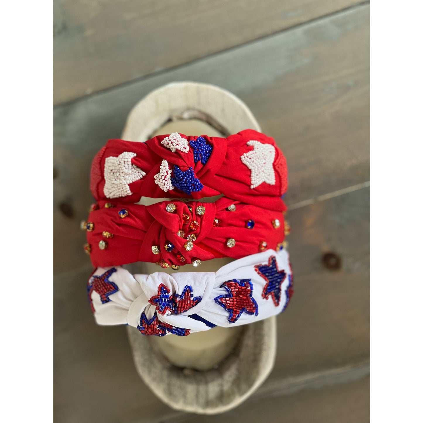 Patriotic Stars Red Seed Bead Front Knot Headband - OBX Prep