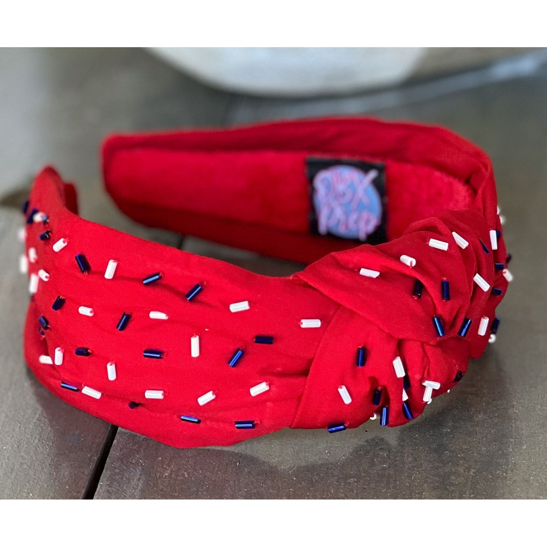 Patriotic Confetti Red Seed Bead Front Knot Headband - OBX Prep