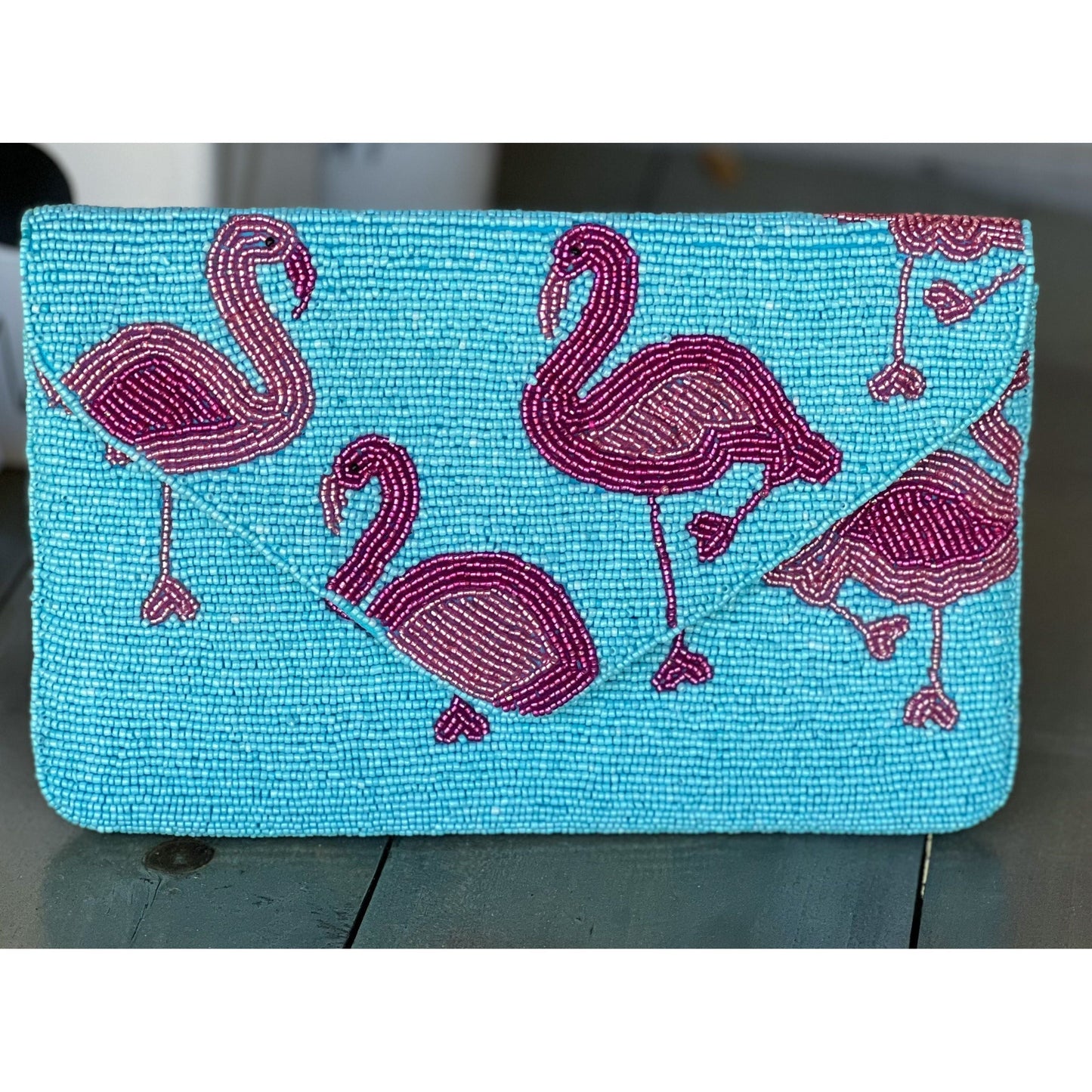 Flamingo Turquoise Seed Beaded Clutch Bag - OBX Prep