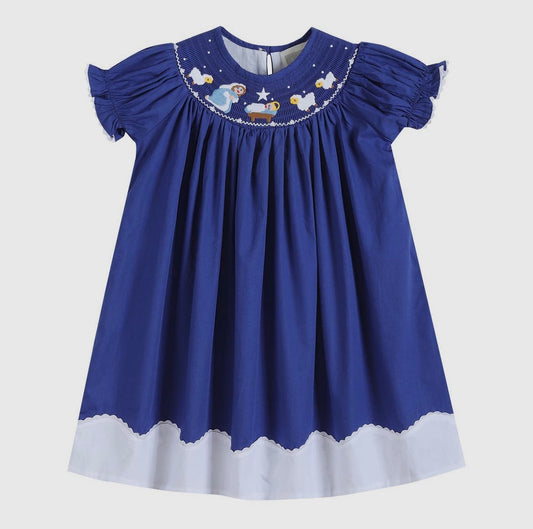 Royal Blue Nativity Smocked Bishop Dress