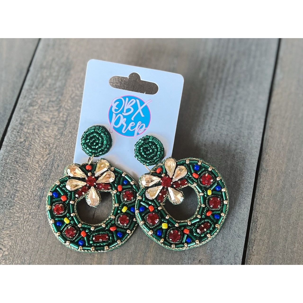 Multi Stone Glam Christmas Wreath Dangle Earrings - OBX Prep