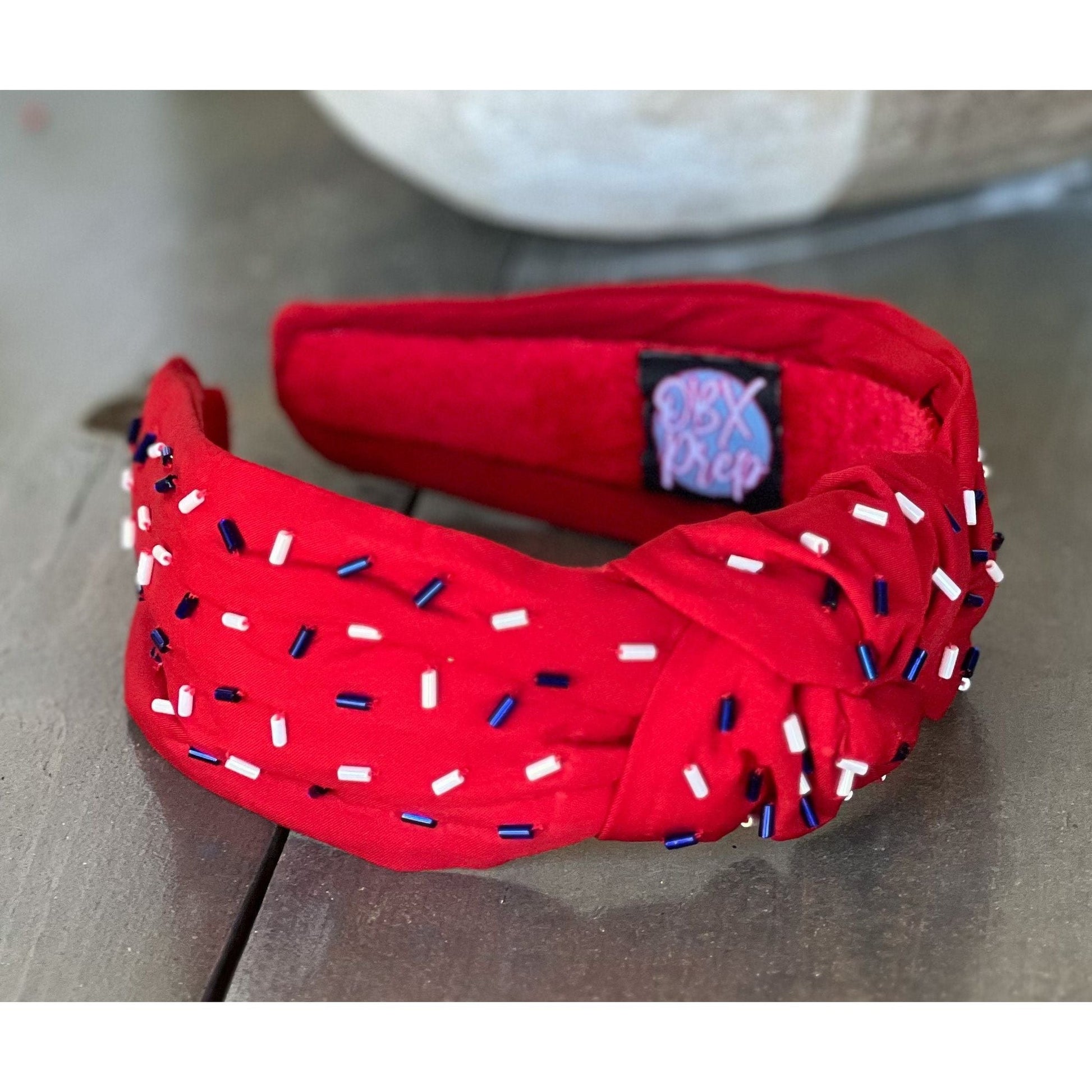 Patriotic Confetti Red Seed Bead Front Knot Headband - OBX Prep