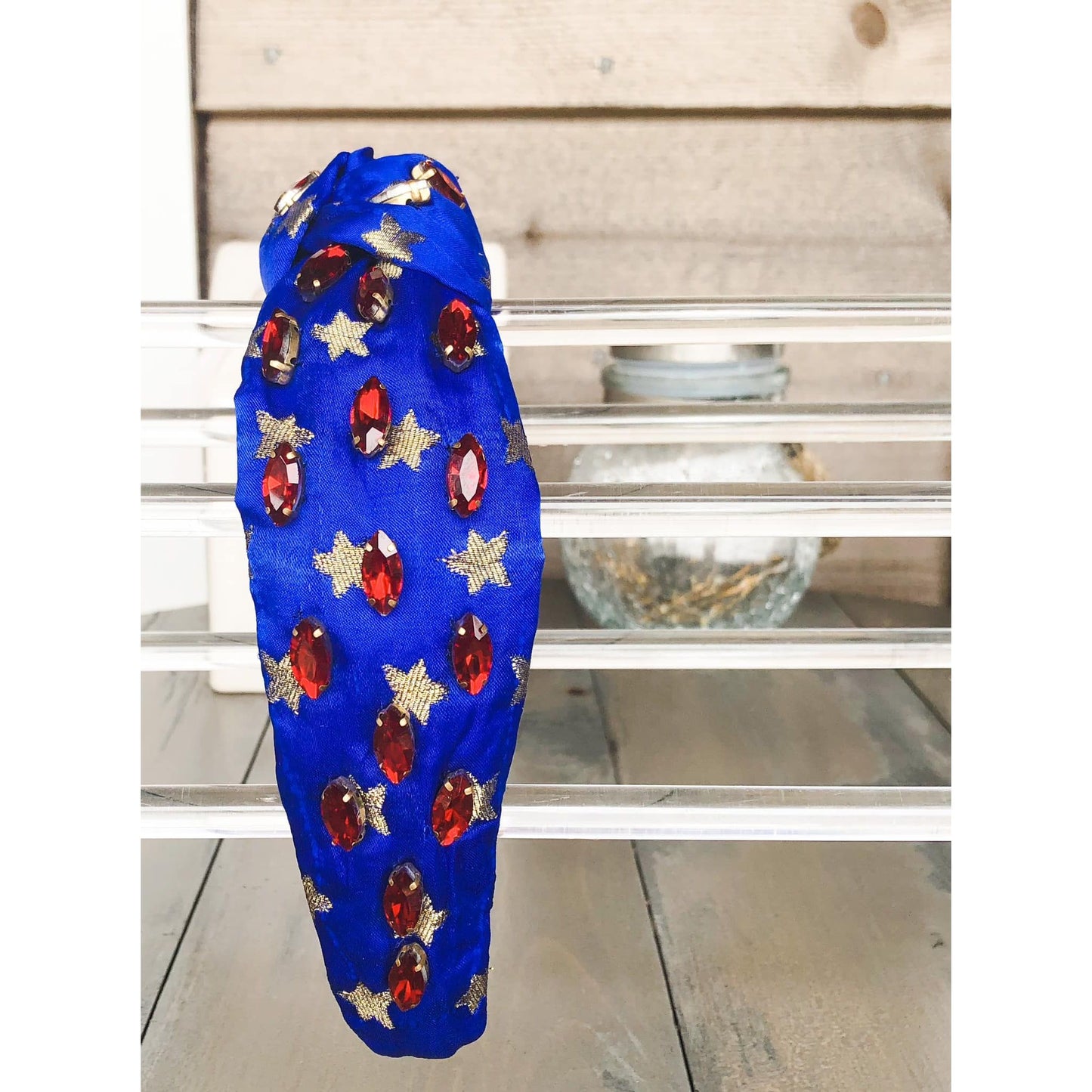 Patriotic Blue and Gold Star Jeweled Top Knot Headband 4th of July - OBX Prep