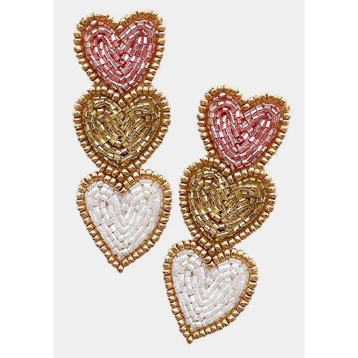 Triple Hearts Seed Bead Dangle Earrings - OBX Prep