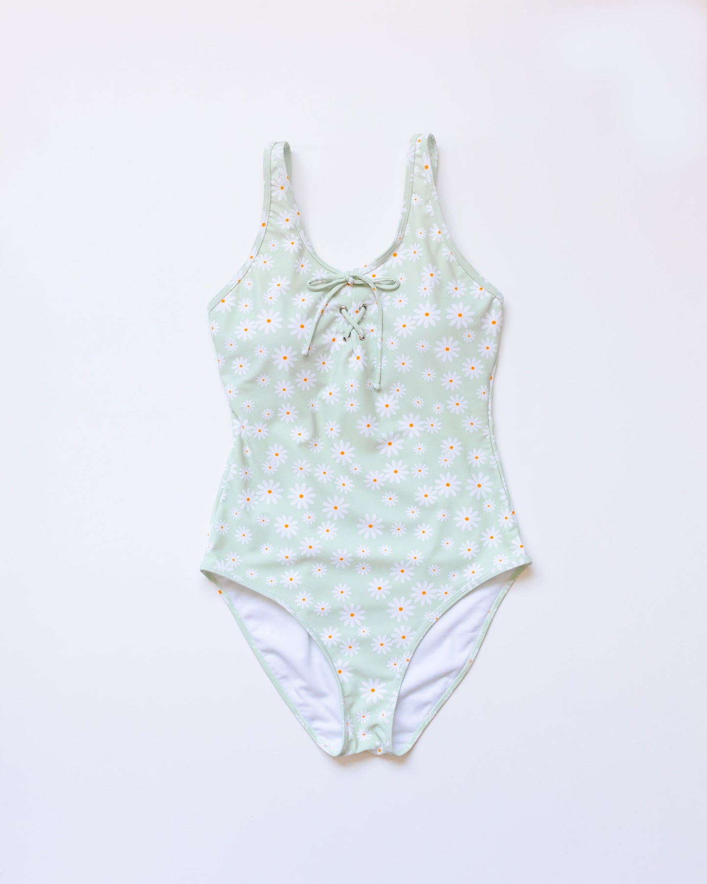 Green daisy print one piece women swimsuit