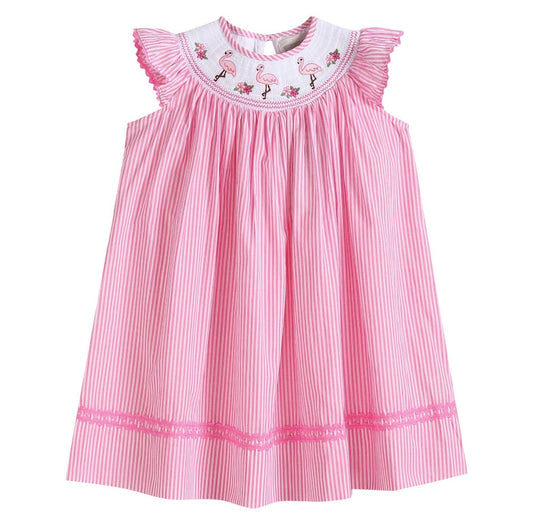 Pink Striped Flamingo Smocked Bishop Dress